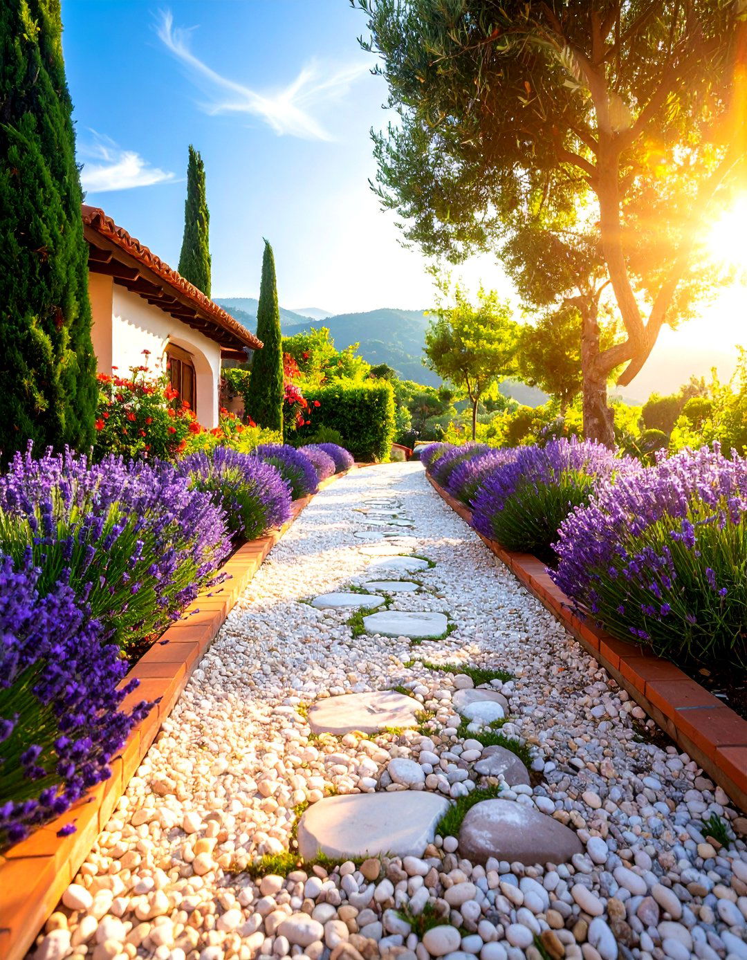 Mediterranean Style Pea Gravel Walkway with Lavender Borders - 25 Pea Gravel Walkway Ideas