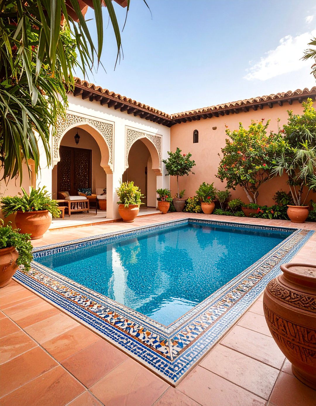 Mediterranean Style Pool with Mosaic Spa - 25 Rectangle Pool With Hot Tub