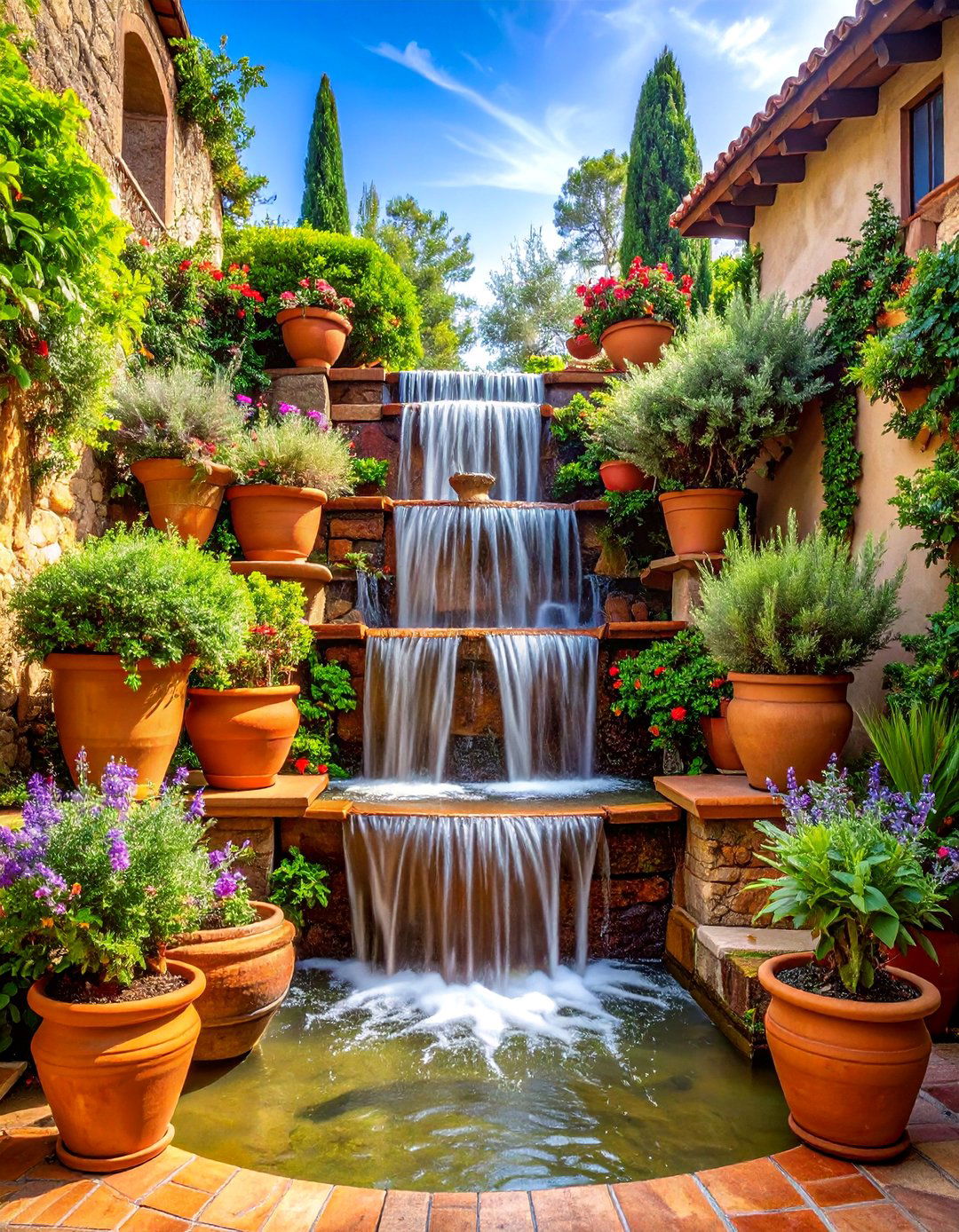 Mediterranean Style Terracotta Pot Waterfall - 25 Small Pond Ideas With Waterfalls