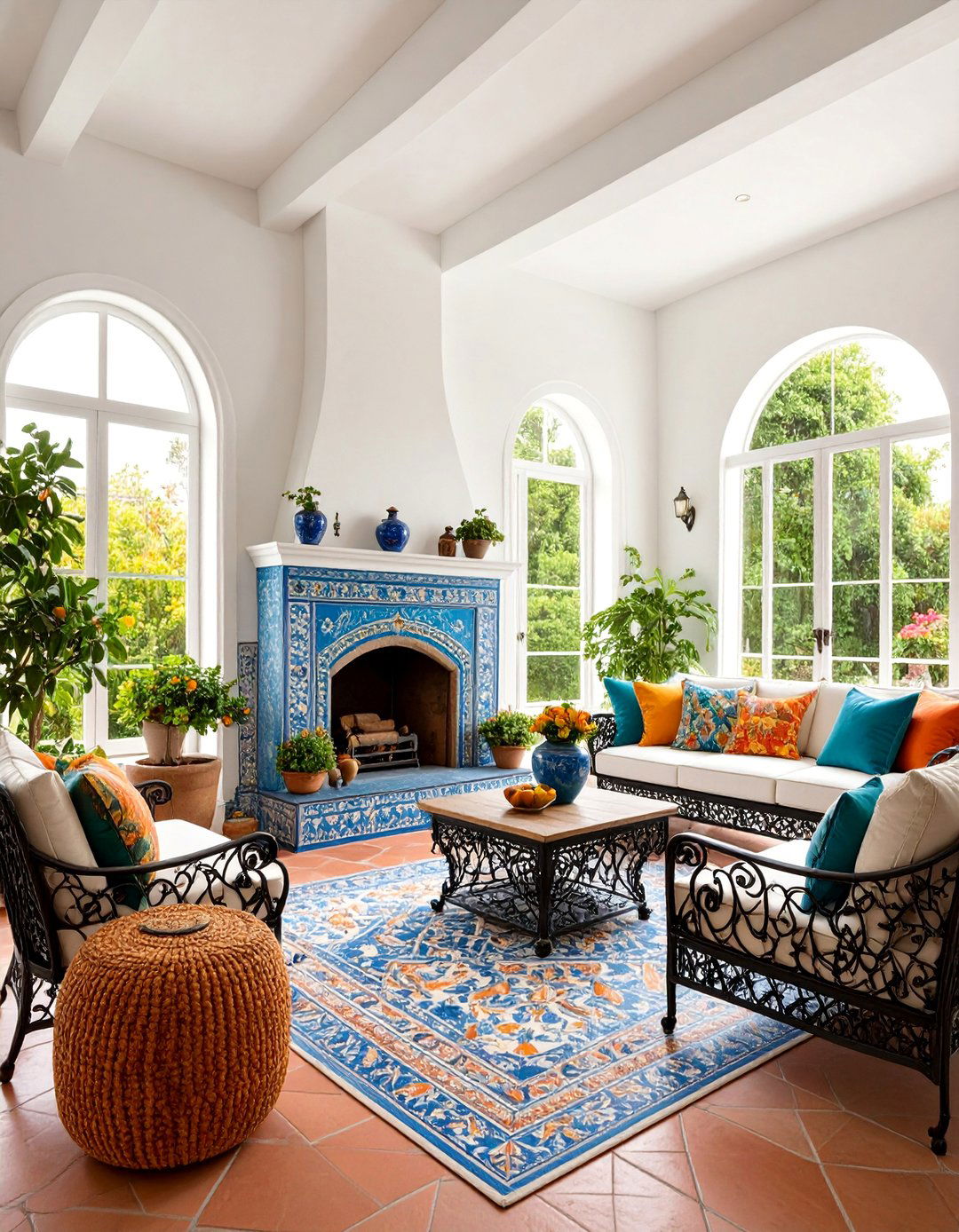 Mediterranean Sunroom with Tile Fireplace and Arched Windows - 25 Sunroom With Fireplace