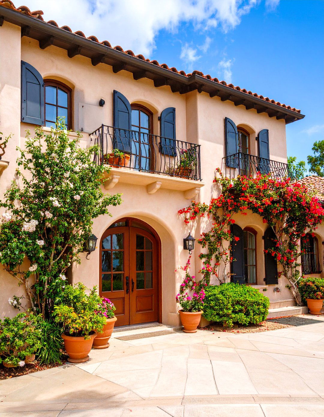 Mediterranean Tan Stucco with Black Iron Details - 25 Tan House With Black Trim Design Ideas