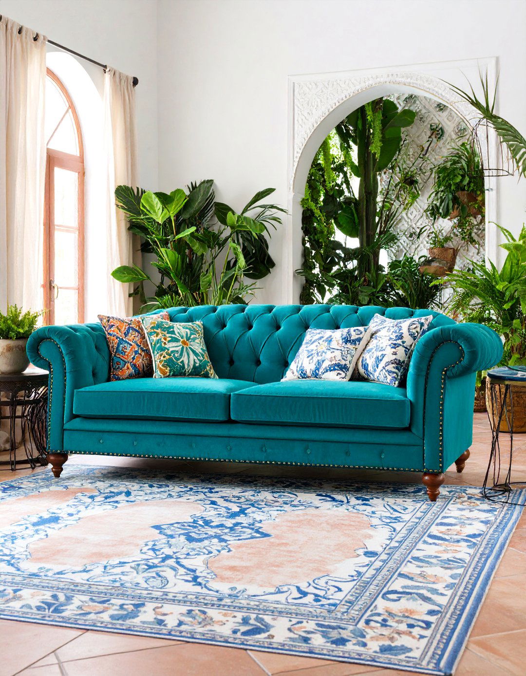 Mediterranean Teal Sofa Terrace Style - 25 Teal Couch Living Room Ideas