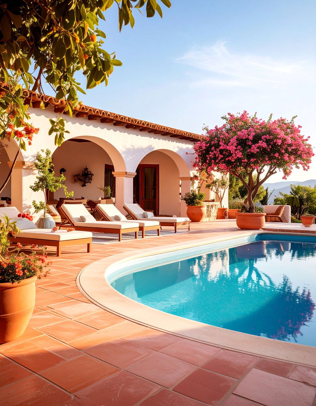 Mediterranean Terra Cotta Clay Paver Oasis - 25 Pavers Around Pool Ideas