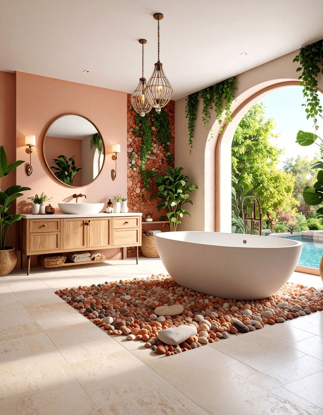 Mediterranean Terra Cotta and Pebble Combination - 25 Pebble Tile Bathroom Ideas