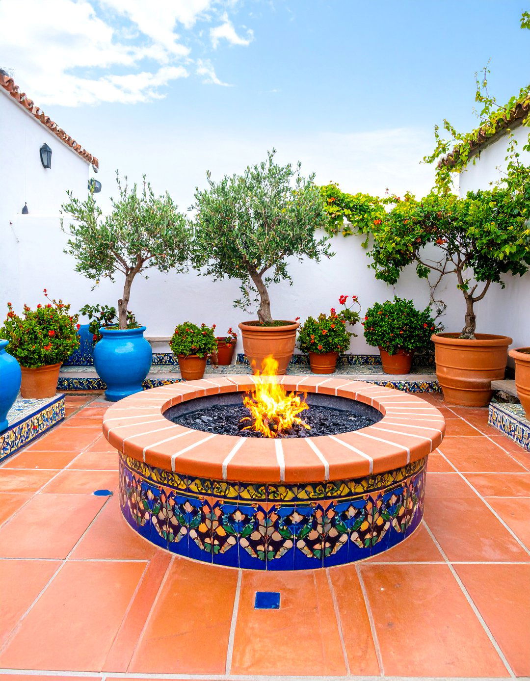 Mediterranean Terracotta Fire Pit with Colorful Tile Accents - 25 Sunken Fire Pit Ideas