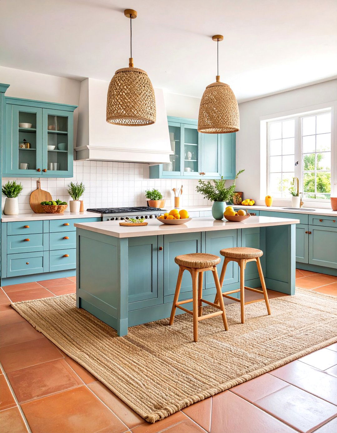 Mediterranean Terracotta Kitchen Floor with Sky Blue Cabinetry - 25 Terracotta Kitchen Floor Ideas