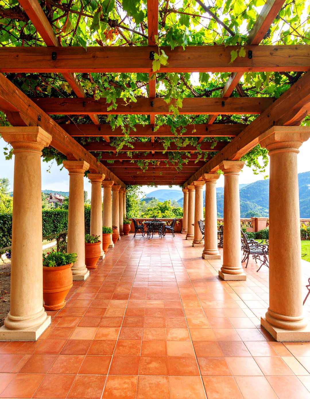 Mediterranean Terracotta Pergola with Vine Coverage - 25 Patio Pergola Ideas