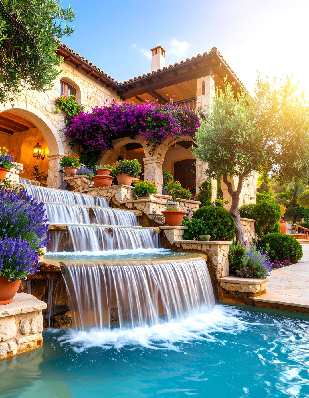 Mediterranean Tiered Stone Waterfall - 25 Pondless Waterfall Ideas