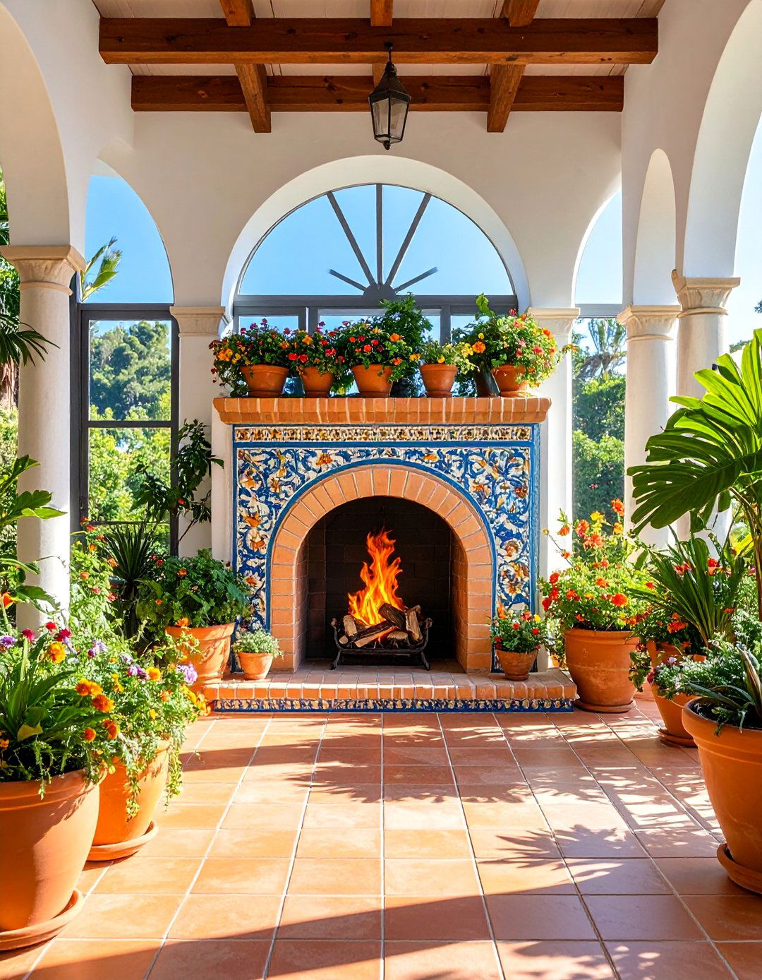 Mediterranean Tile Fireplace with Arched Openings - 25 Sunroom With Fireplace Ideas