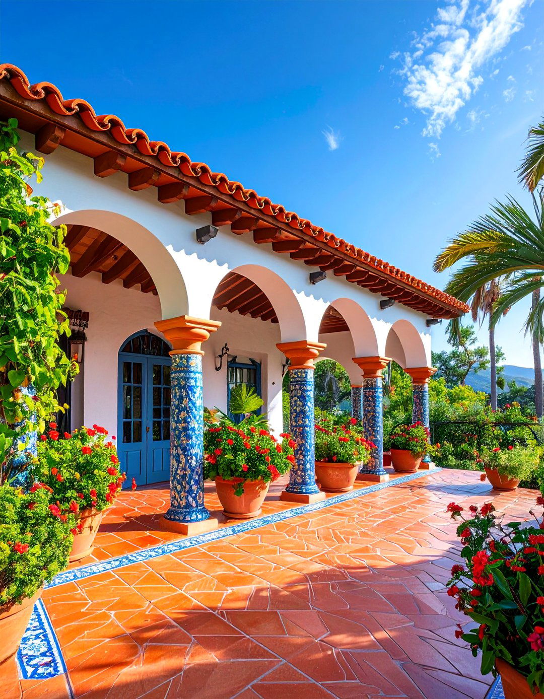 Mediterranean Tile Front Porch Roof with Stucco Columns - 25 Front Porch Roof Ideas