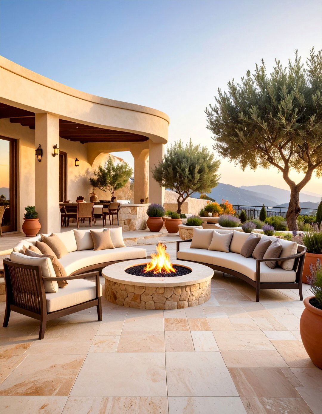 Mediterranean Travertine with Circular Fire Feature - 25 stamped concrete patio with fire pit ideas