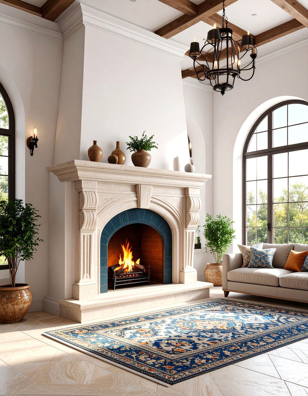 Mediterranean Two Story Fireplace with Tile Accents - 25 Two-story Fireplace Ideas