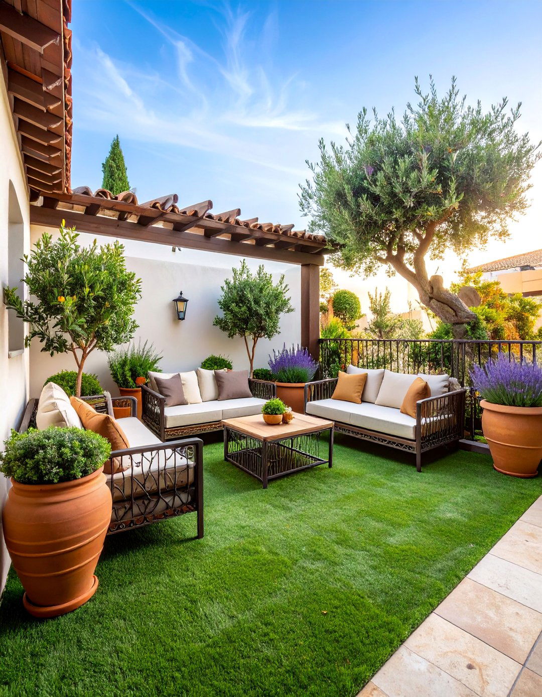 Mediterranean Villa Artificial Grass Courtyard - 25 Artificial Grass Balcony Design