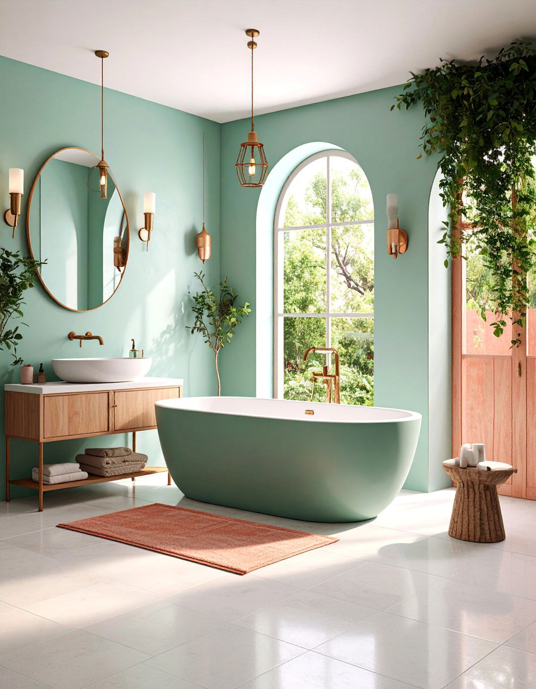 Mediterranean Villa Bathroom with Mint Green Plaster and Coral Stone - 25 Pink and Green Bathroom Design Ideas