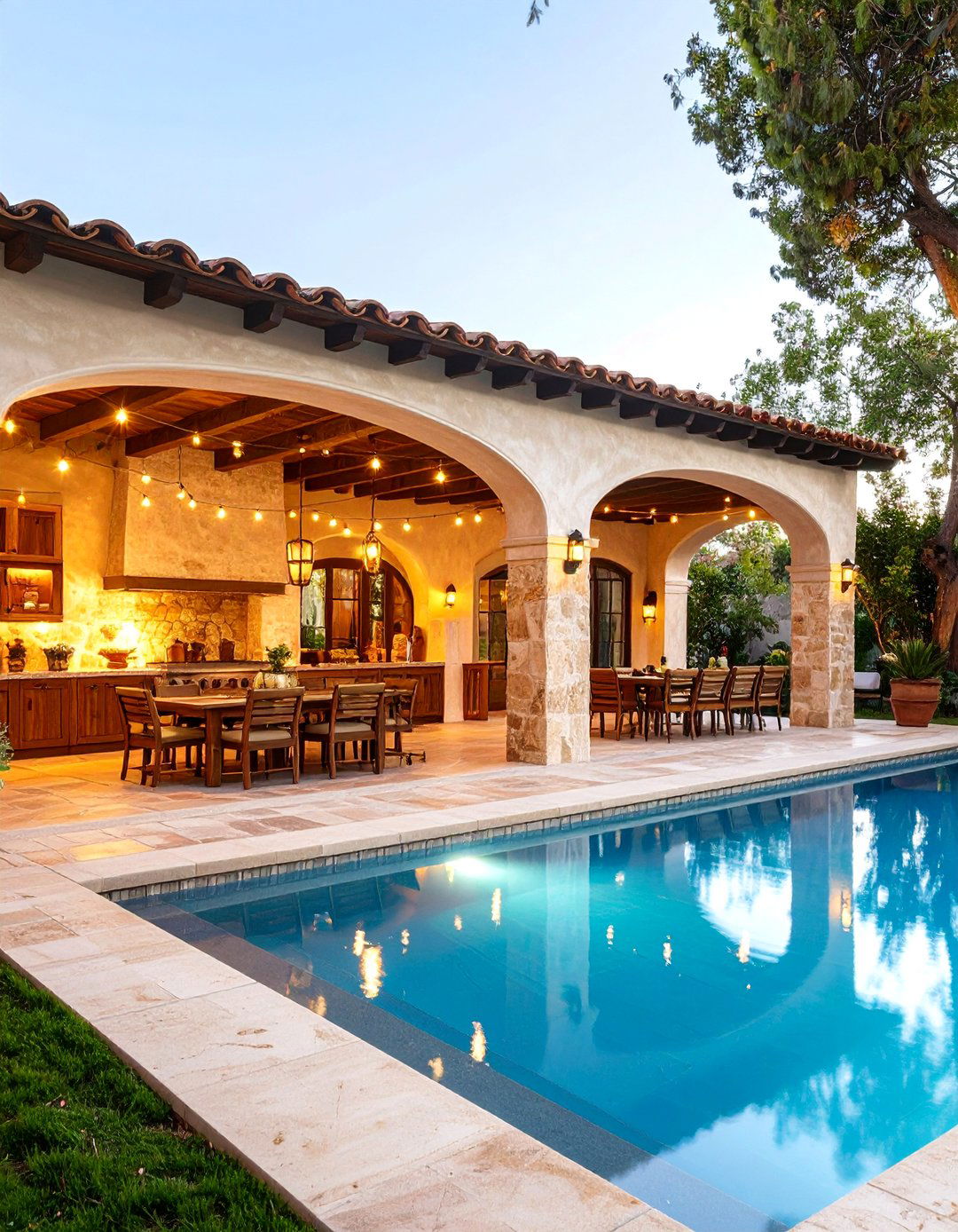 Mediterranean Villa Pool House with Stone Pizza Oven - 25 Pool House With Outdoor Kitchen Ideas