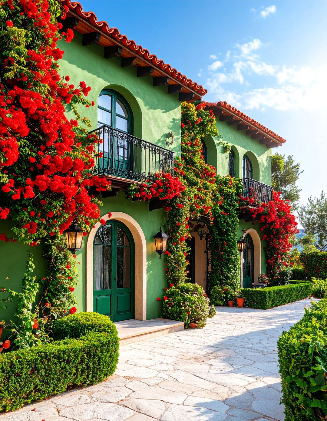 Mediterranean Villa with Black Iron Accents - 25 Sage Green House With Black Door