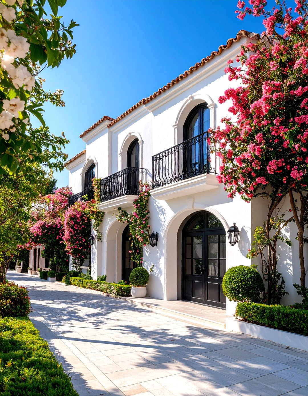 Mediterranean Villa with Black Wrought Iron Details - 25 single story white house black trim
