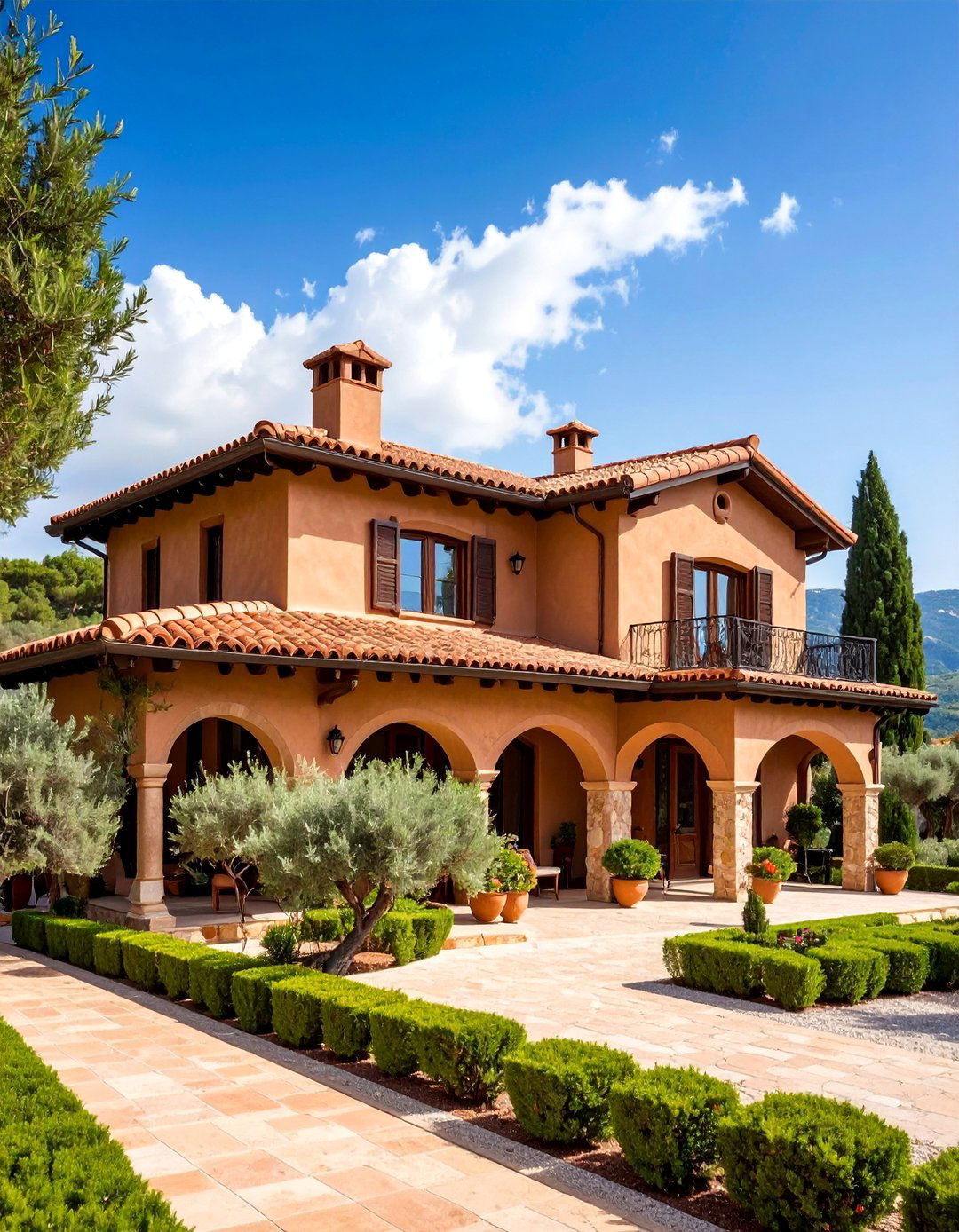 Mediterranean Villa with Chocolate Brown Stucco and Tile - 25 Chocolate Brown House Exterior Design Ideas