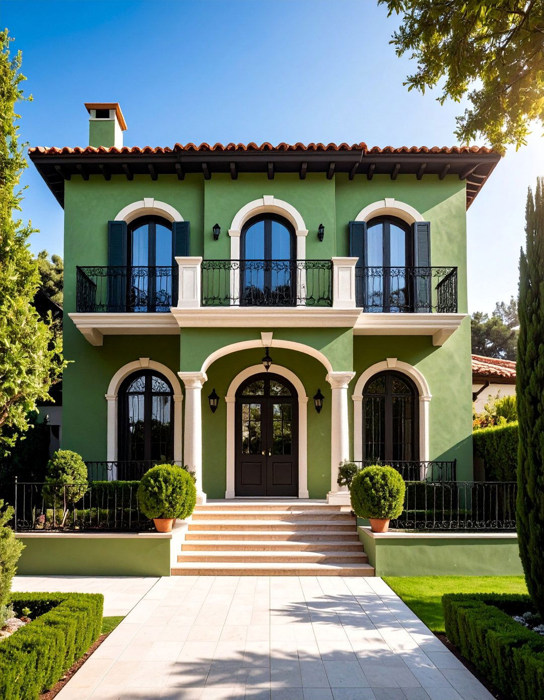 Mediterranean Villa with Olive Green Stucco - 25 Dark Green Exterior Ideas