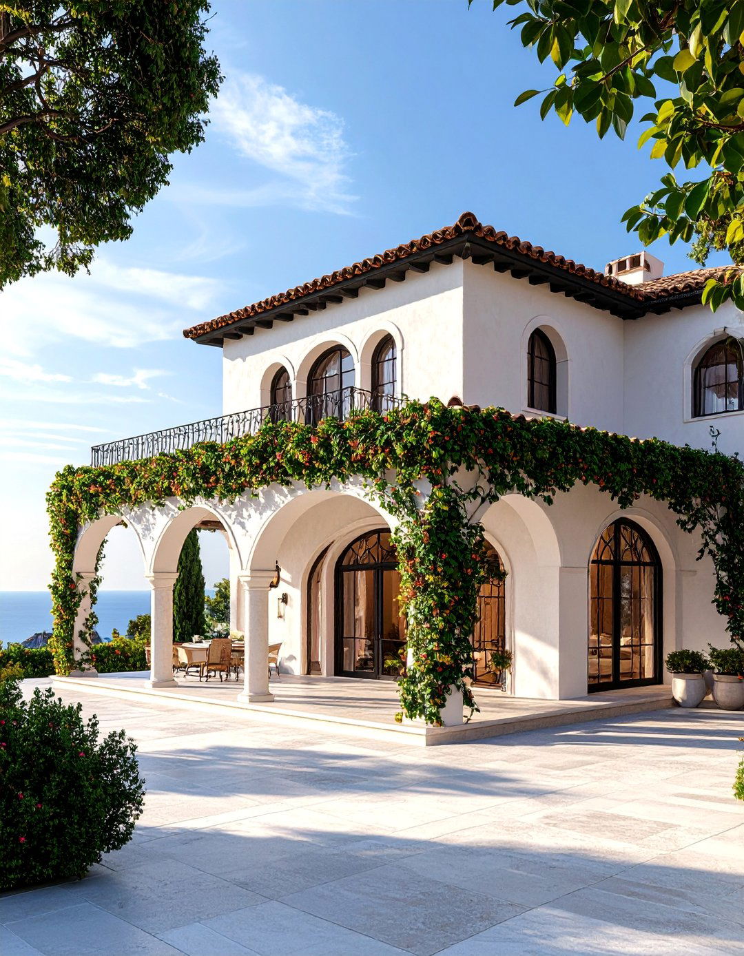 Mediterranean Villa with Stucco Walls - 25 White Exterior Home with a Black Roof Ideas