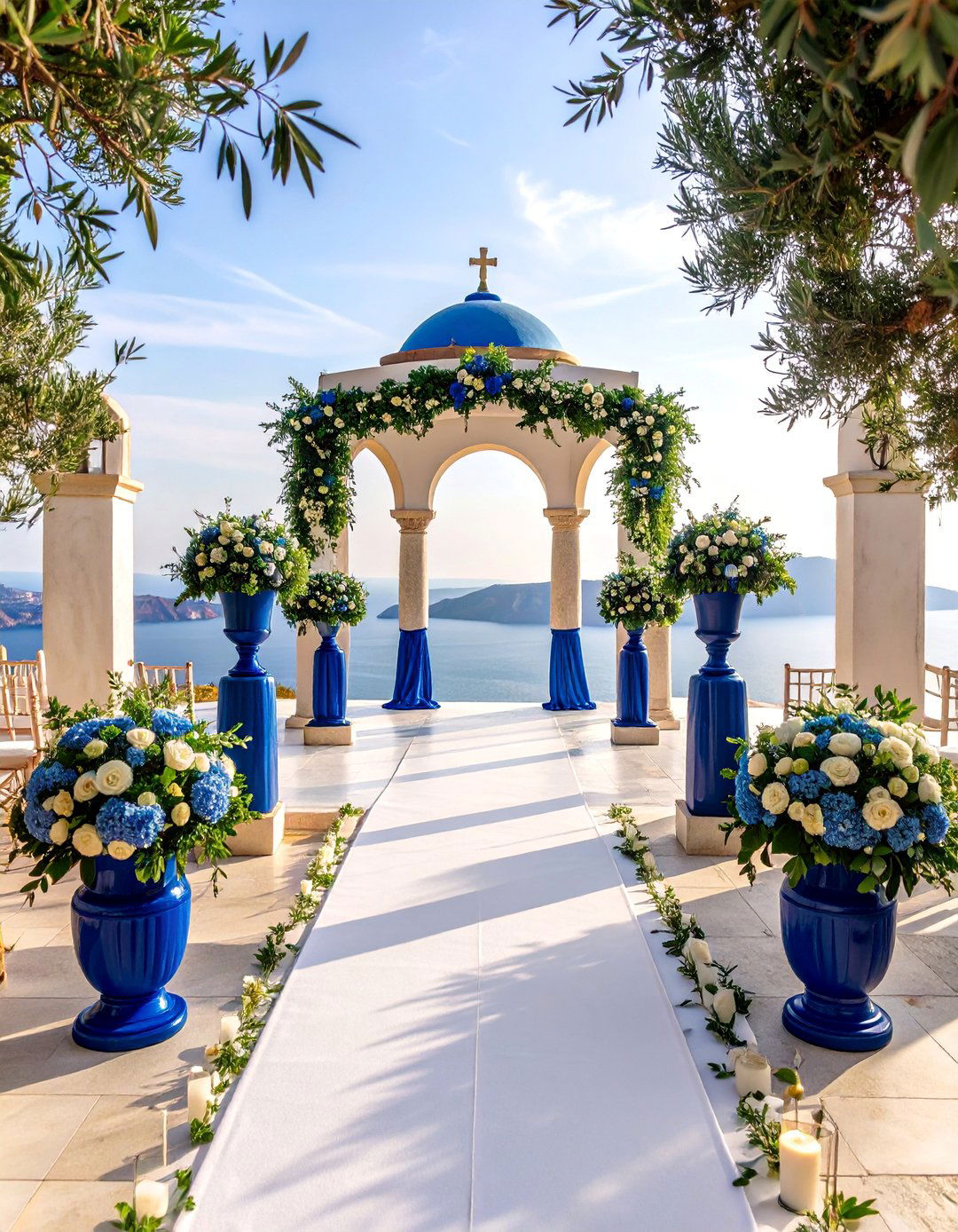 Mediterranean Wedding Altar with Olive Branches and Blue Accents - 25 Wedding Altar Ideas