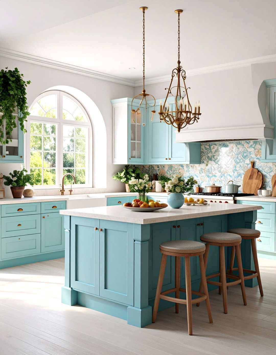 Mediterranean White Cabinets with Turquoise Blue Island - 25 White Kitchen Cabinets With Blue Island