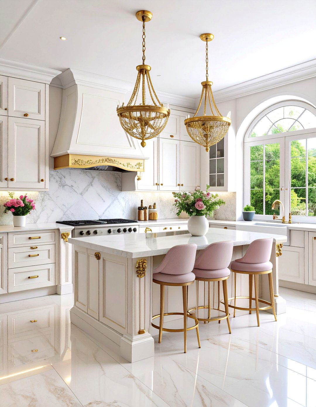 Mediterranean White Kitchen with Aged Gold Hardware - 25 White and Gold Kitchen Ideas