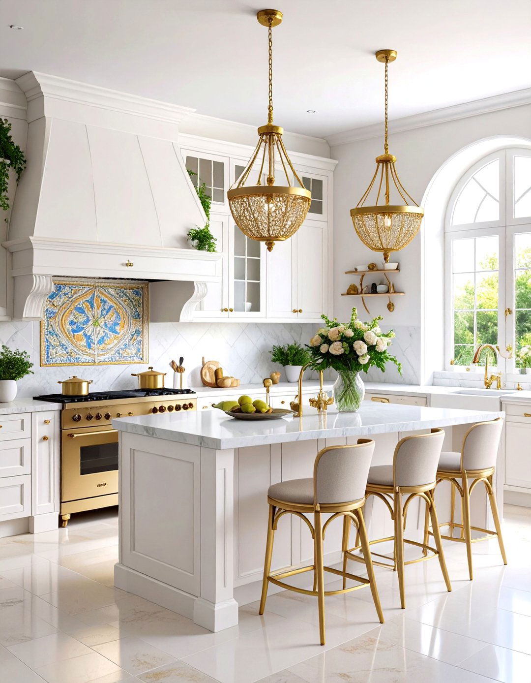 Mediterranean White Kitchen with Antique Gold Tile Accents - 25 White and Gold Kitchen Ideas