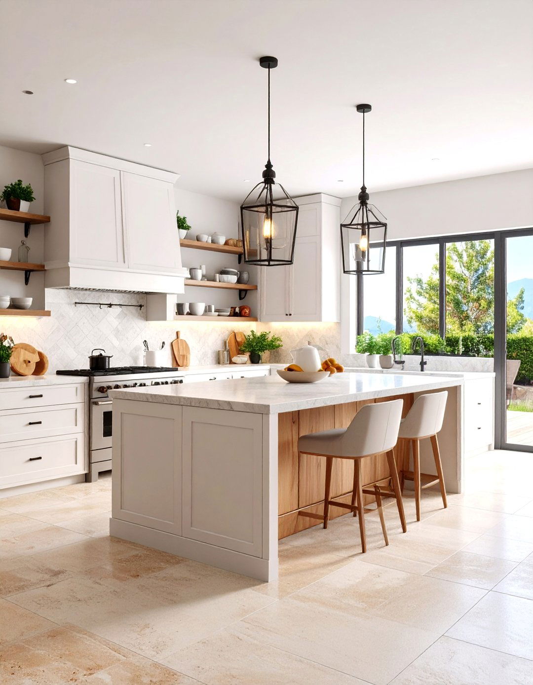 Mediterranean White Kitchen with Black Island and Natural Stone - 25 white kitchen ideas with black island