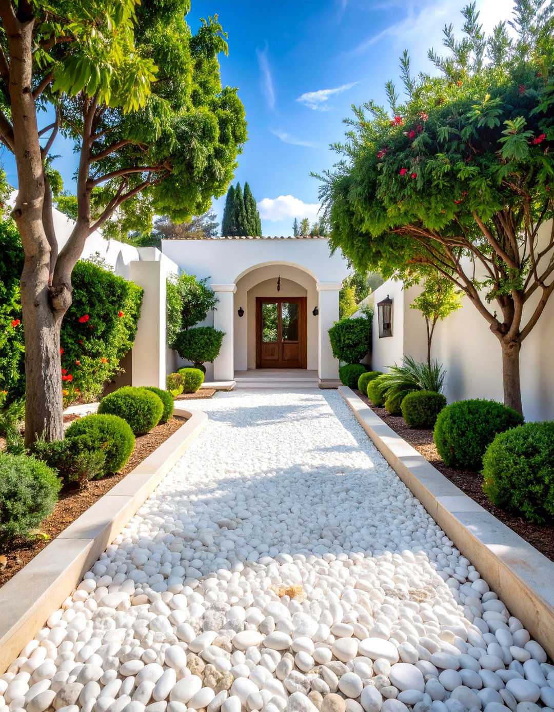 Mediterranean White Marble Chip Driveway with Elegant Styling - 25 Gravel Driveway Ideas