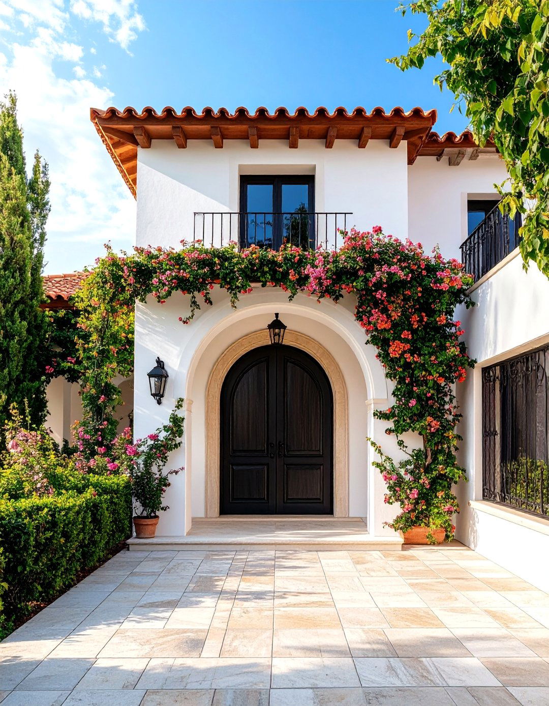 Mediterranean White Stucco Villa with Arched Black Door - 25 White House Ideas With Black Doors