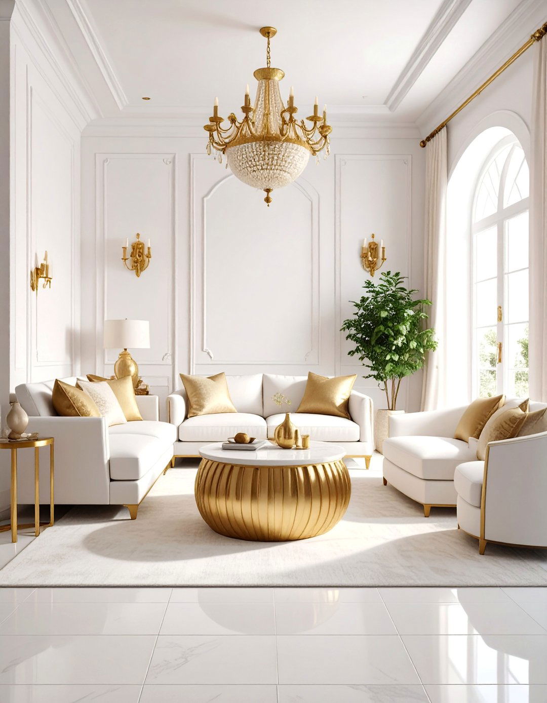 Mediterranean White and Gold Living Room - 25 White and Gold Living Room Ideas