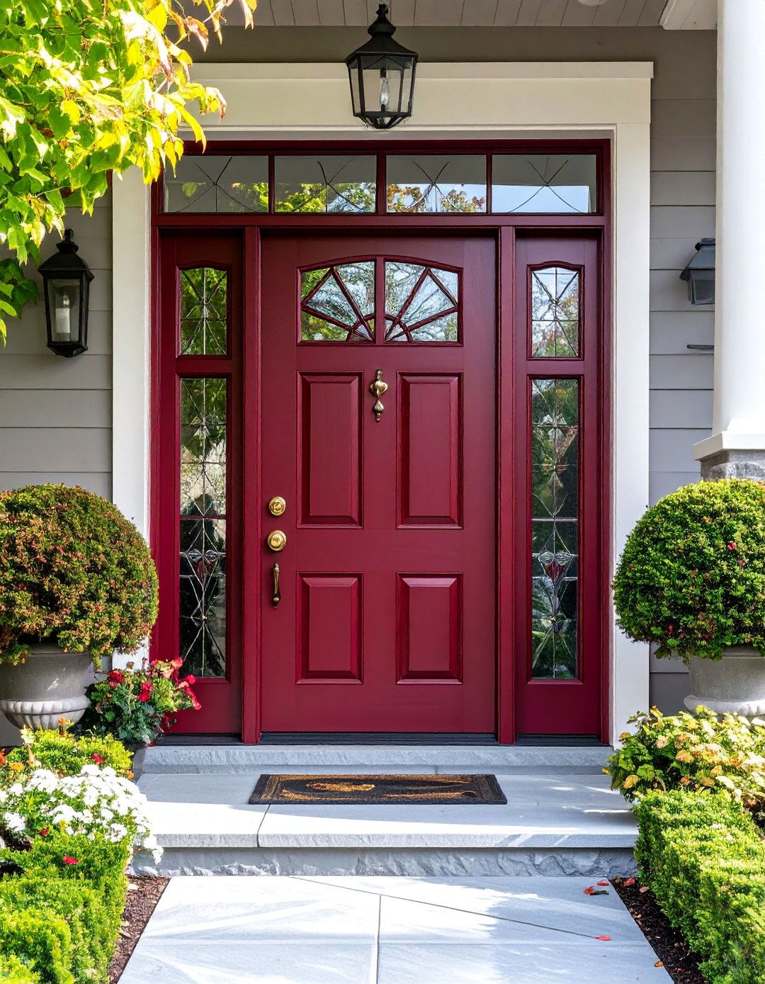 Merlot Red Door with Decorative Glass Inserts - 25 Dark Red Front Door Ideas