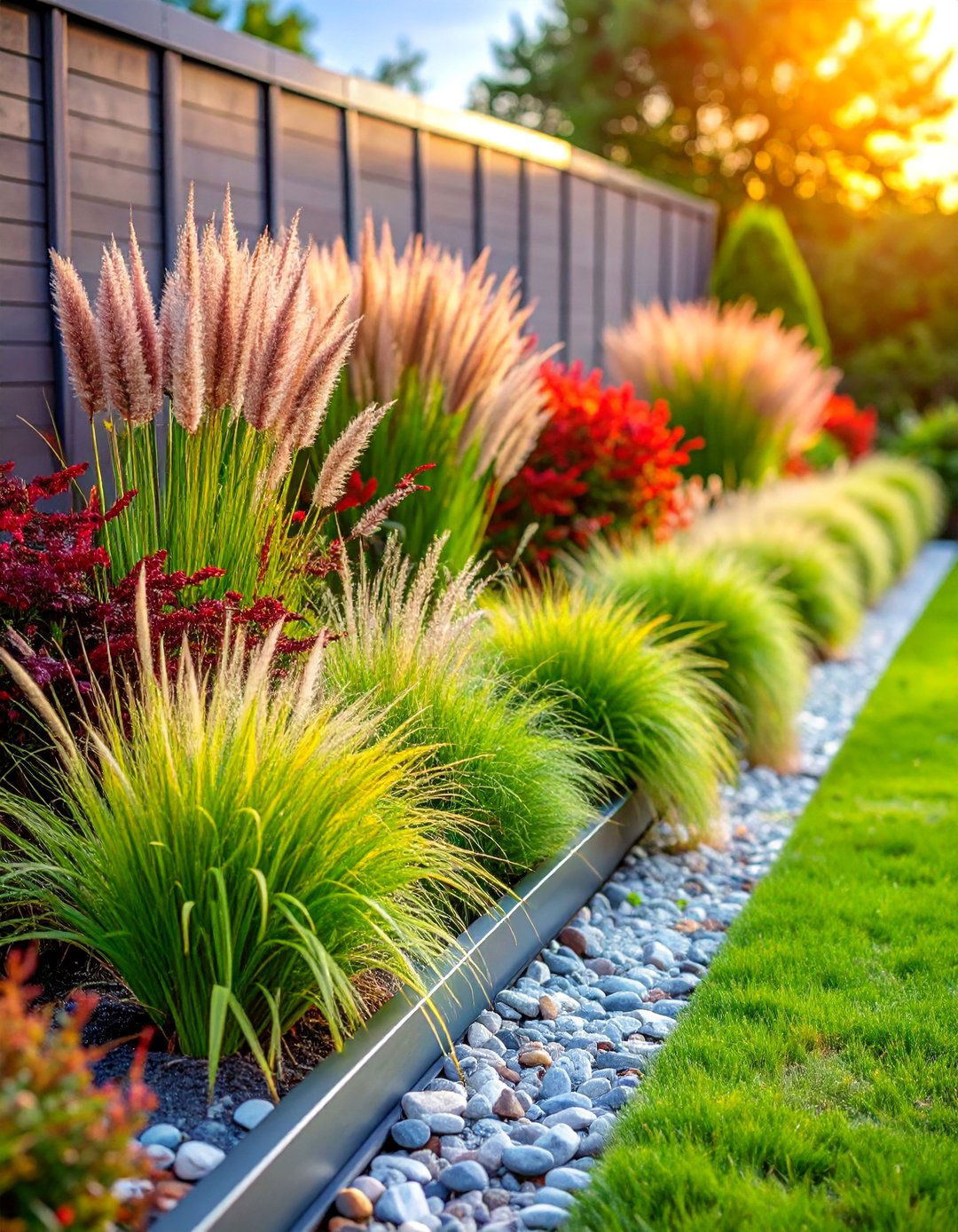 Metal Edging Garden Border with Architectural Grasses - 25 Low Maintenance Garden Border Ideas