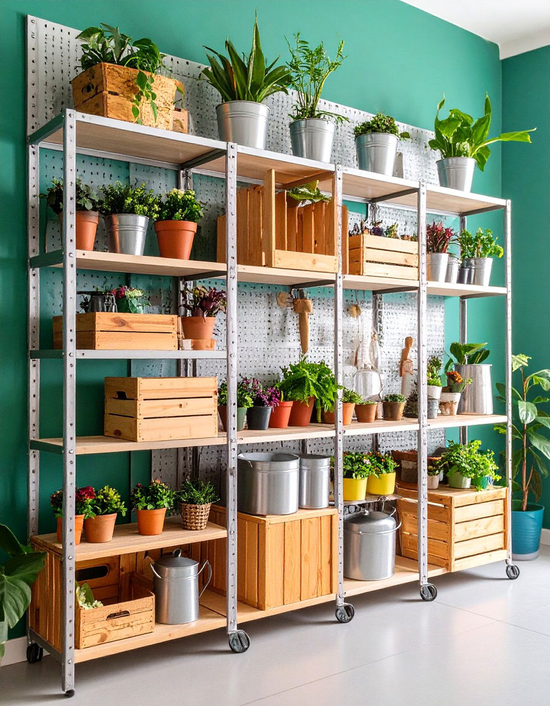 Metal Grid Storage Wall with Rustic Accessories - 25 Rustic Wall Decor Ideas