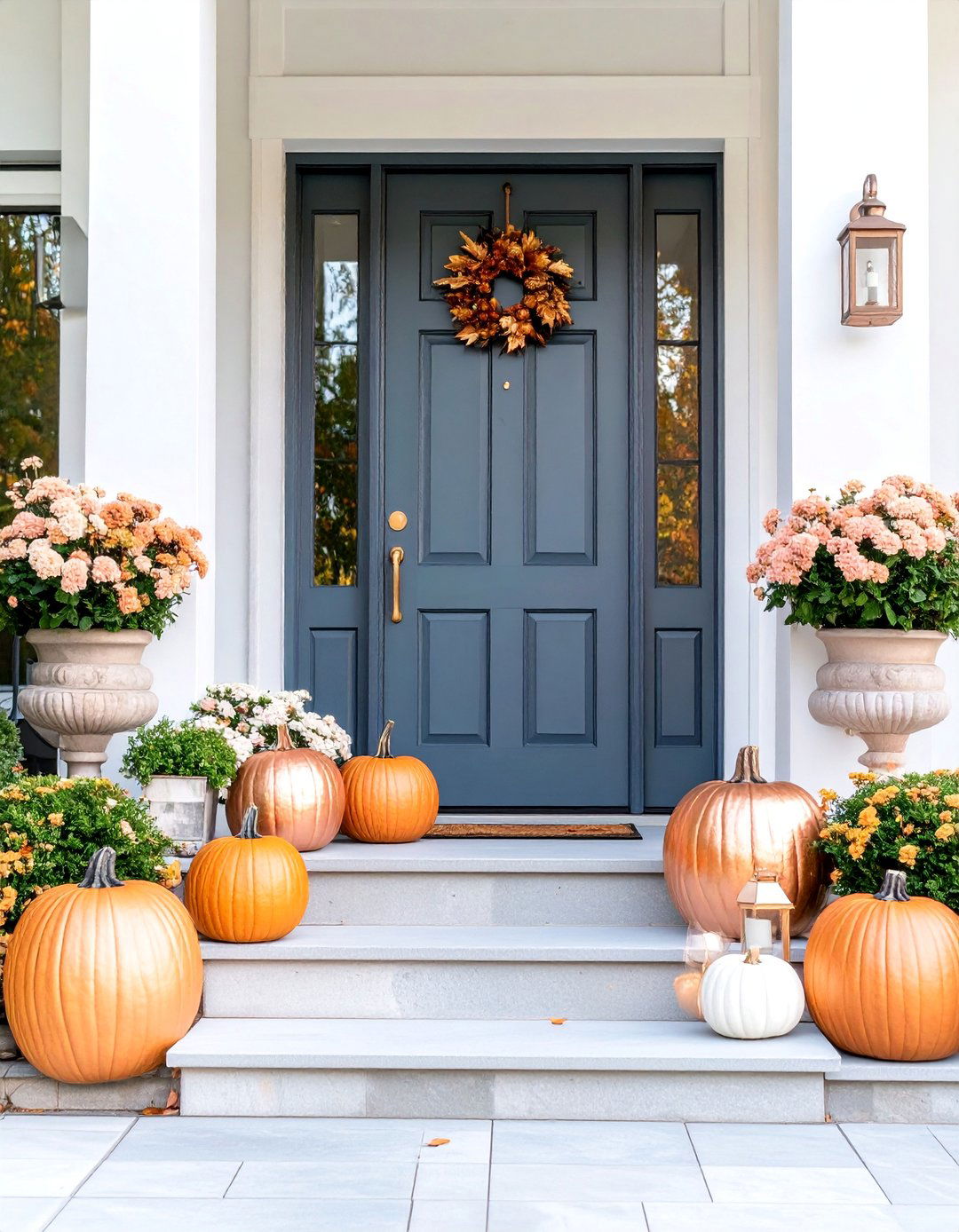 Metallic Accent Fall Elegance - 25 Front Door Fall Decor Ideas