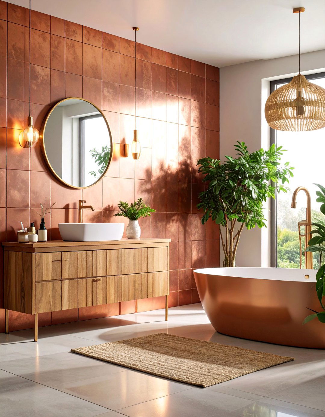 Metallic Accent Tiles with Copper Tones - 25 Bathroom Wall Ideas