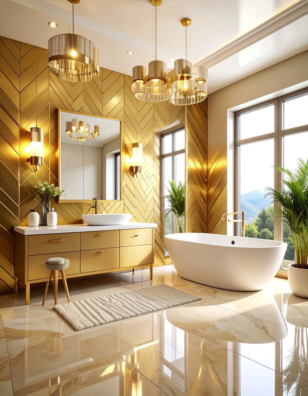 Metallic Chevron Bathroom with Glamorous Zigzag Patterns - 25 Bathroom Wallpaper Ideas