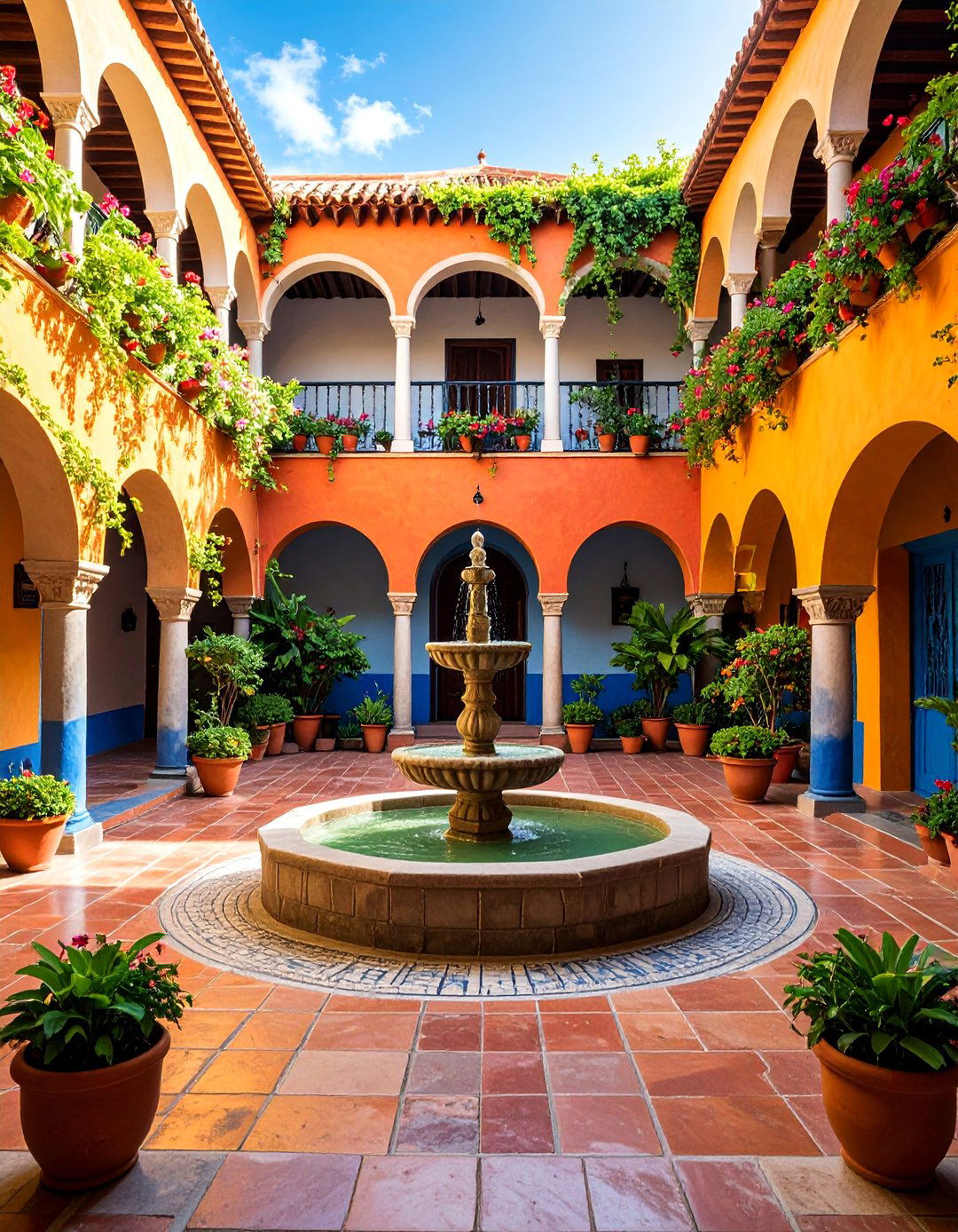 Mexican House with Fountain Courtyard - 25 Mexican Style House Design Ideas