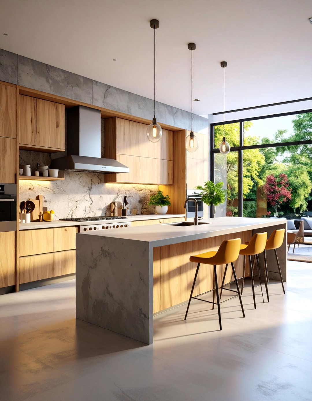 Microcement Kitchen with Natural Stone Accent Wall - 25 Microcement Kitchen Ideas