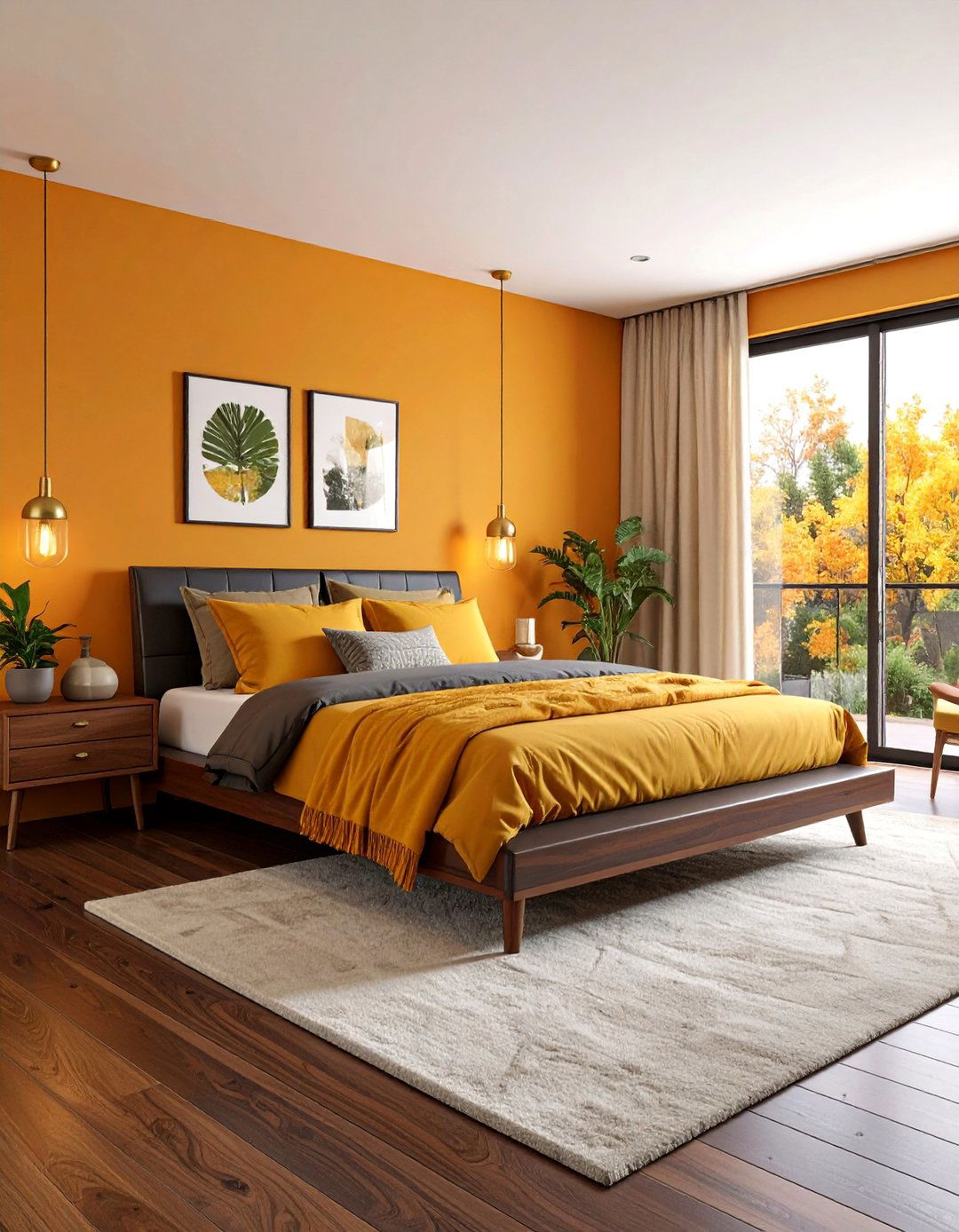 Mid Century Modern Bedroom with Warm Textures - 25 Dark Walnut Floors for Rooms