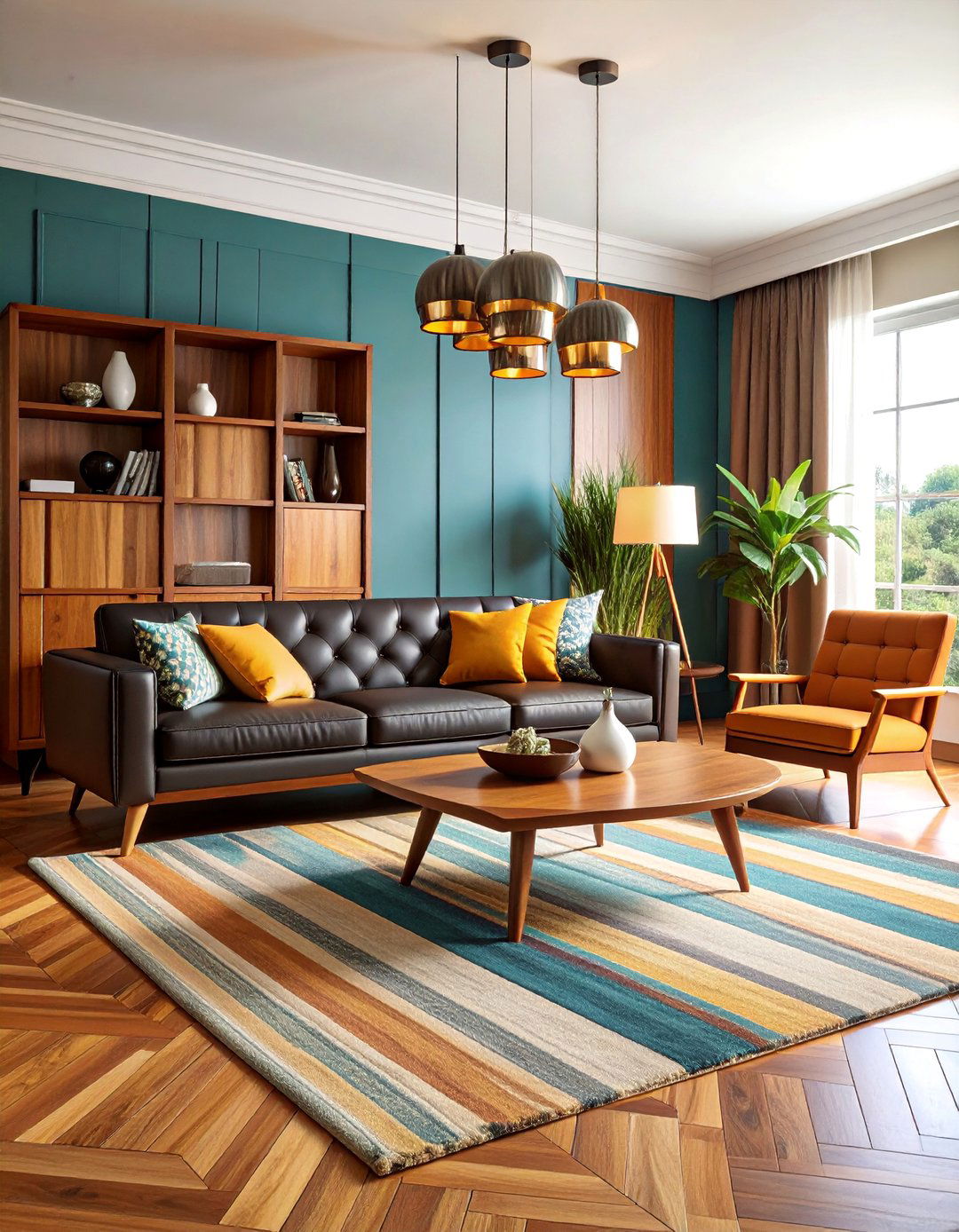 Mid Century Modern Black Leather Couch with Geometric Patterns - 25 Black Couch Living Room Ideas