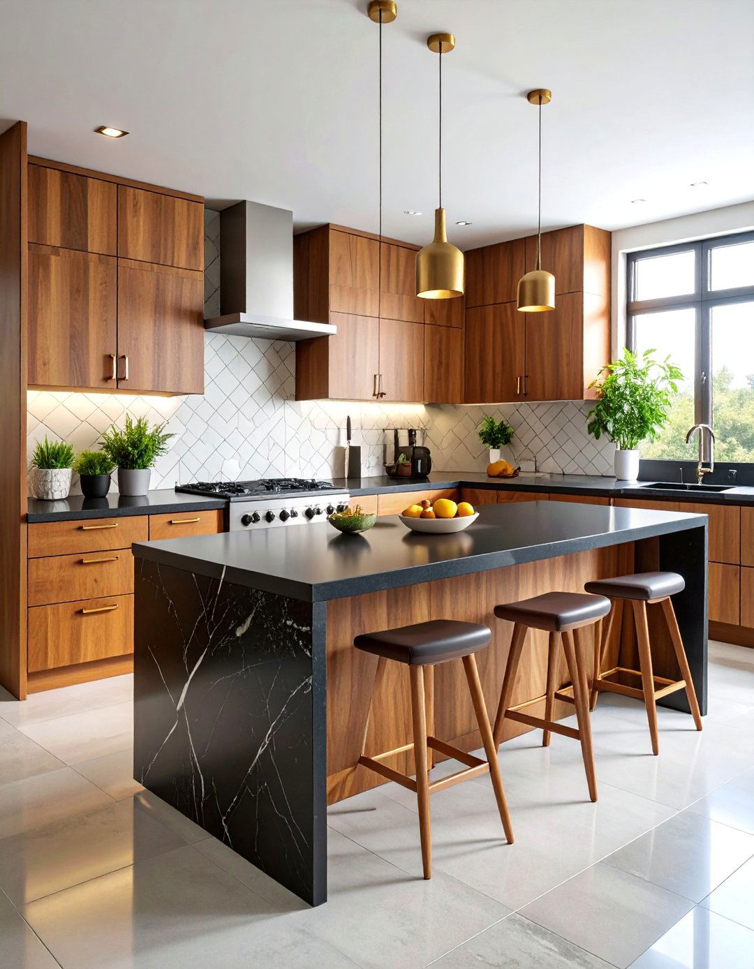 Mid Century Modern Brown with Black Marble - 25 Brown Kitchen Cabinets With Black Countertops