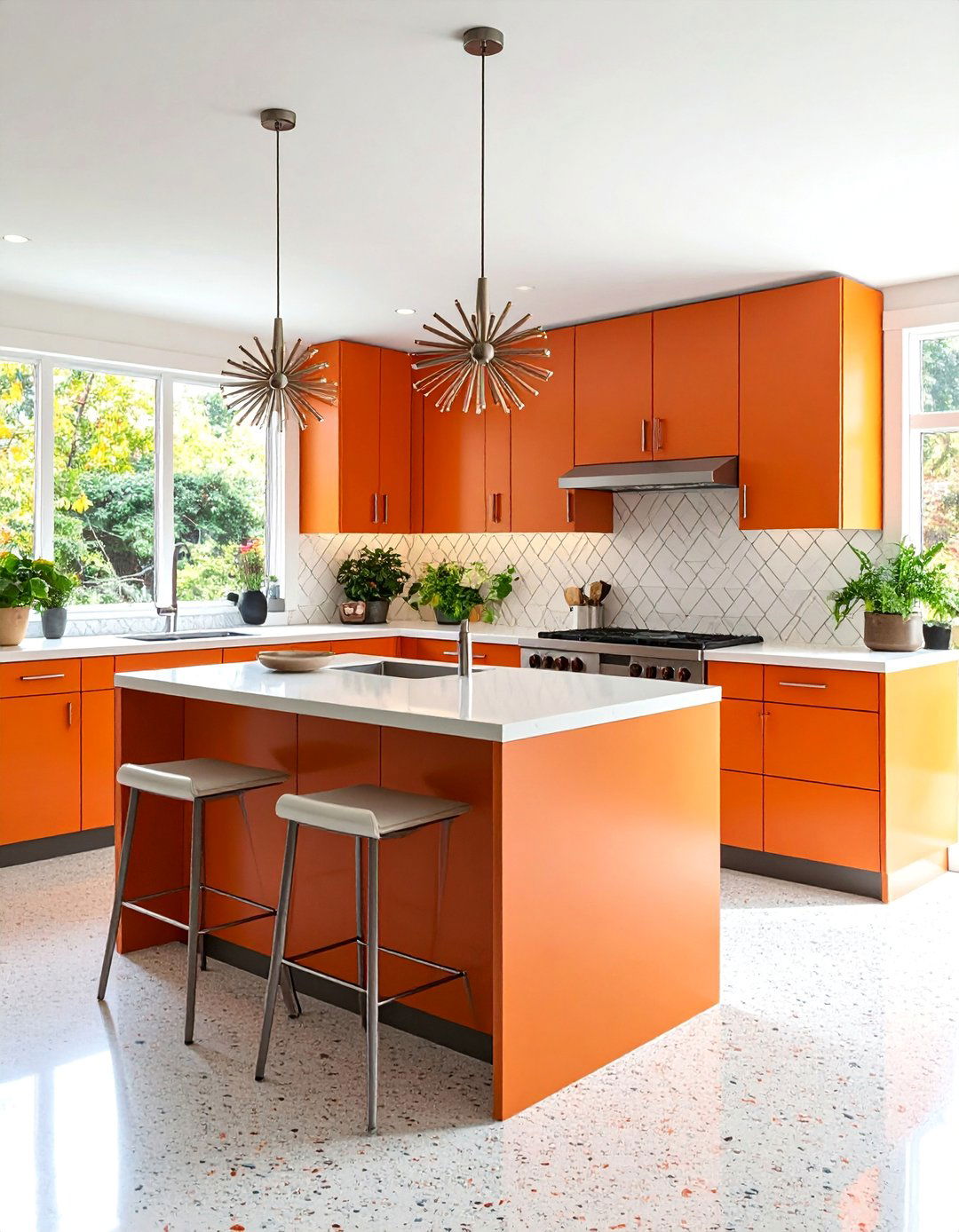 Mid Century Modern Burnt Orange Kitchen with Geometric Tiles - 25 Burnt Orange Kitchen Ideas