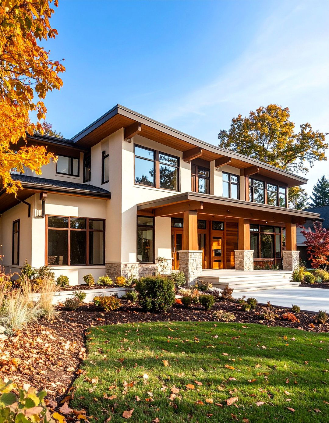 Mid Century Modern Cream Stucco with Brown Wood Panels - 25 Cream and Brown House Exterior Ideas