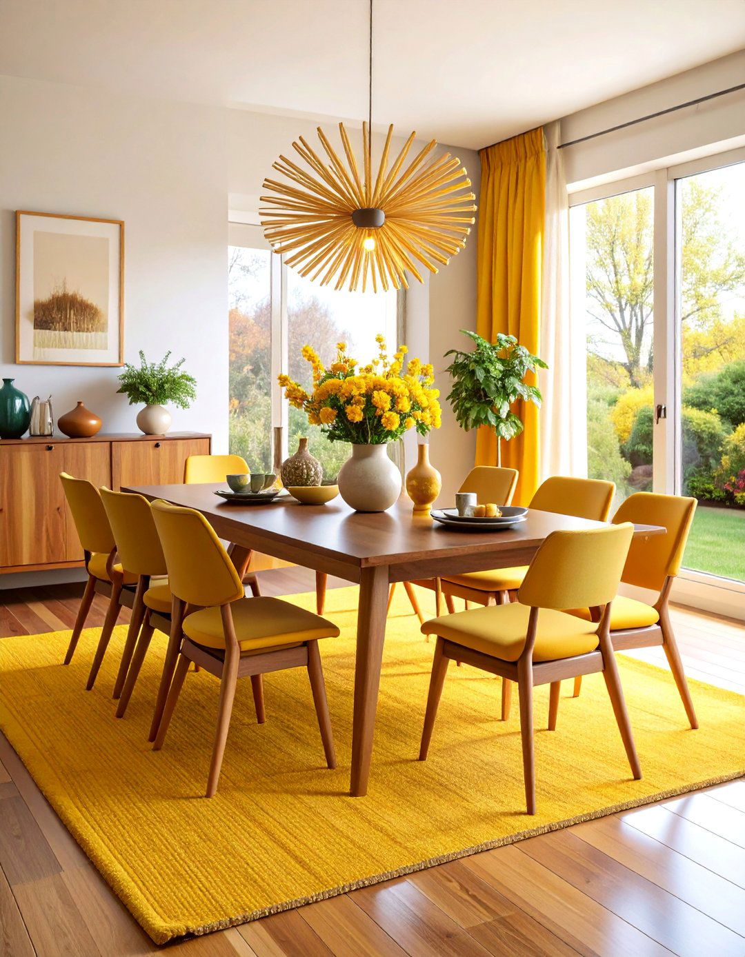 Mid Century Modern Dining Room with Mustard Yellow Carpet - 25 Carpeted Dining Room Ideas