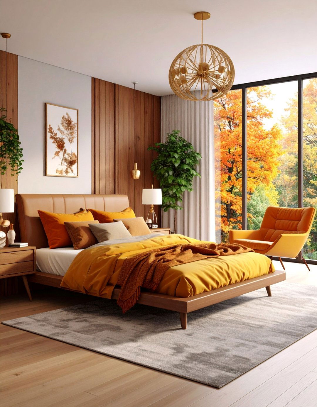 Mid Century Modern Fall Bedroom with Warm Wood Tones - 25 Fall Bedroom Decor Ideas