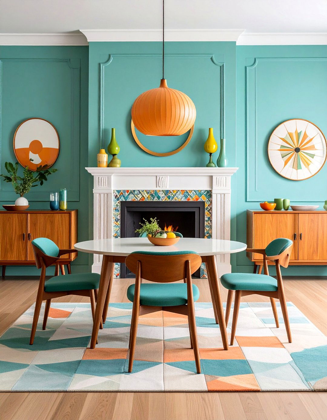 Mid Century Modern Fireplace with Geometric Patterns - 25 Dining Room With Fireplace