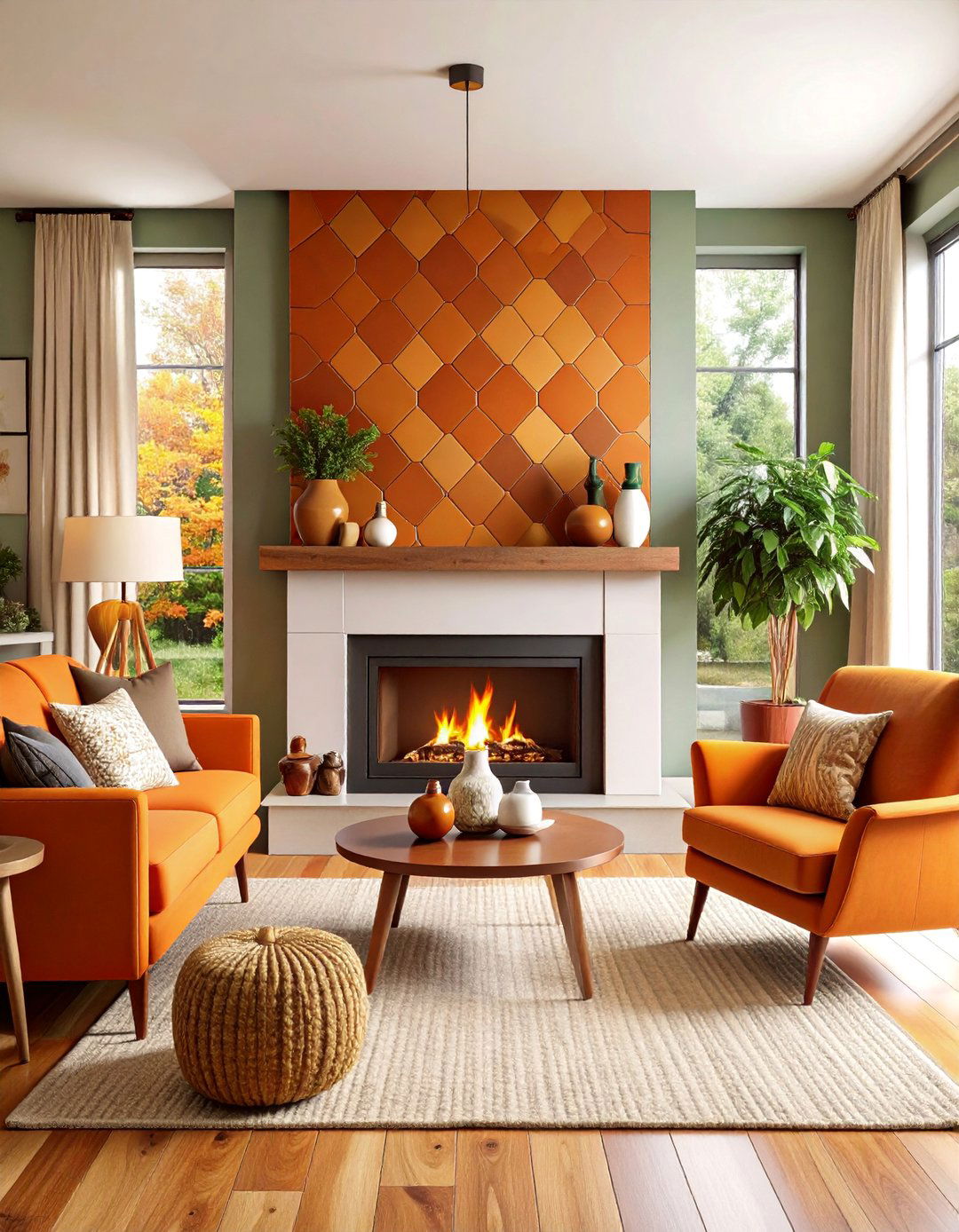 Mid Century Modern Fireplace with Geometric Tile and Brass Details - 25 Faux Fireplace Ideas