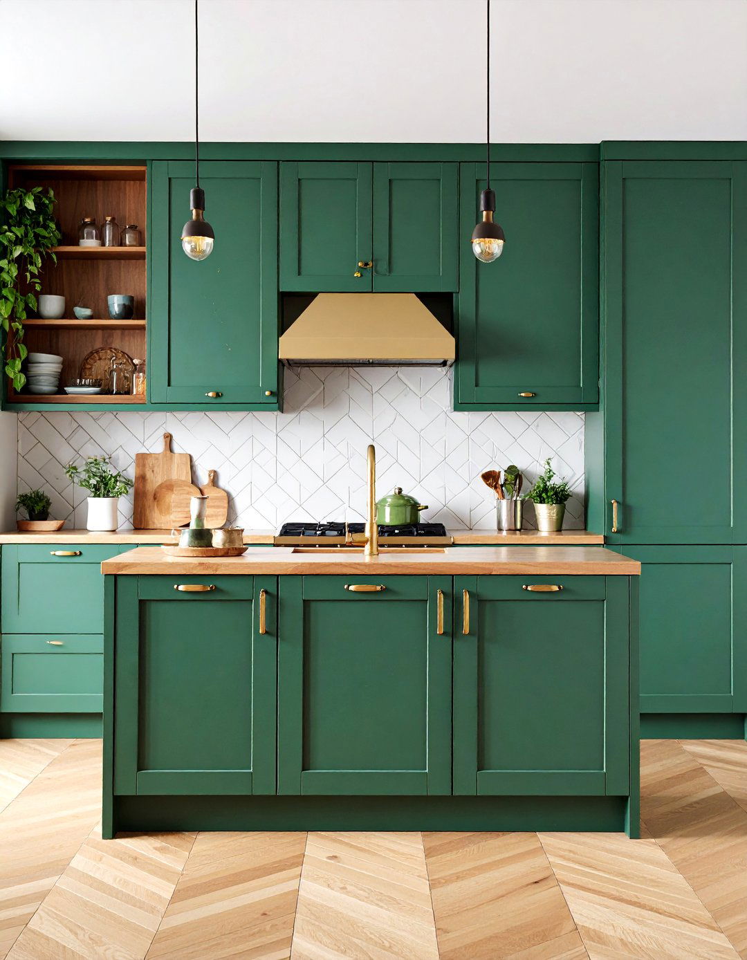 Mid Century Modern Forest Green Kitchen with Walnut Accents - 25 Forest Green Kitchen Ideas